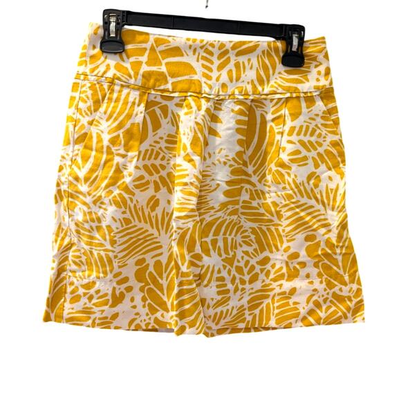 LOFT Yellow White Leaf Print Linen Blend Skirt Size 0 Pockets Lined Summer - Picture 1 of 6